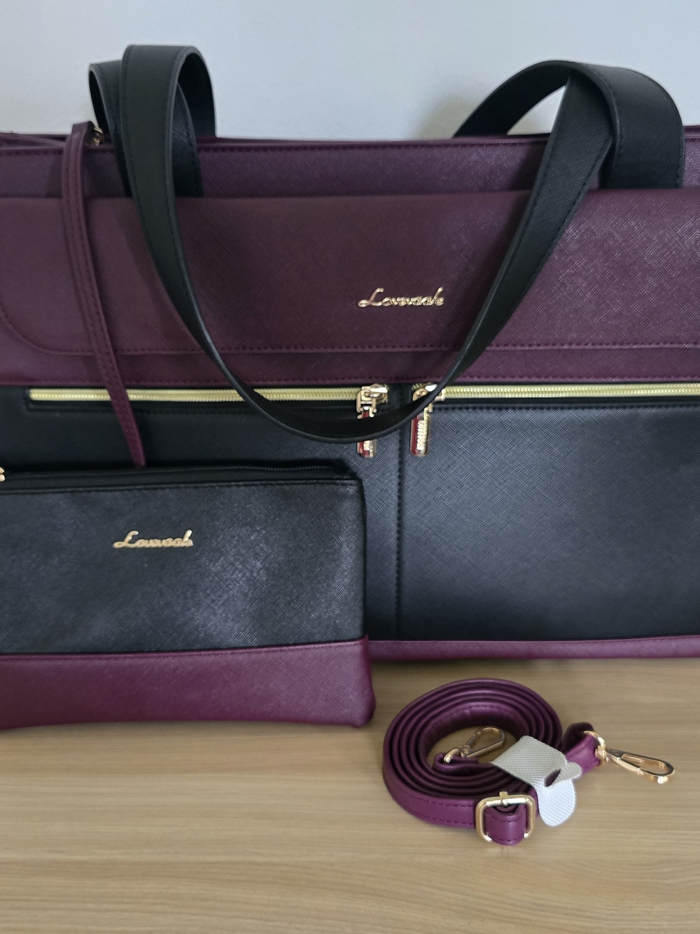 Lovevook Laptop Tote Bag Professional Work Briefcase Burgundy Black Gold Tone